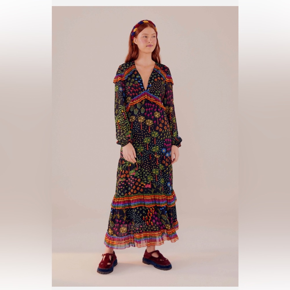 Farm Rio Fruit Garden Maxi Dress XS Long Sleeve Floral Black Rainbow NWOT